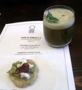 tea fairy cocktail: gin, cilantro, matcha, sugar syrup, egg white, absinthe, bitters. Gordita: caramelized hibiscus, avocado, goat cheese.