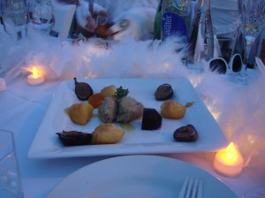 3rd course - poached figs & peaches with fois gras, beets and brioche.