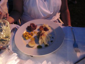 4th course - Dungeness Crab meat, Scallop, Ahi Tuna & vegetables. Visually & taste wise - excellent. *Course #5 was dessert - petit fours & jello shooters (some extras included).