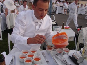 2nd course - butternut squash chipotle gazpacho with fresh basil garnish.