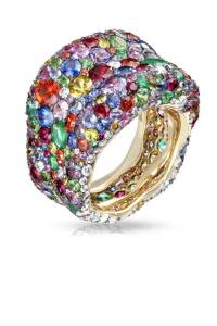 Faberge Emerald, Ruby and Tsavorite Ring, $38,104; faberge.com