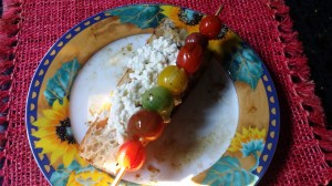 All grilled: heirloom tomatoes (feta was grilled on tinfoil) on crusty french bread.