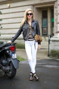 Joanna Hillman in Versace with Mark Cross Leopard bag.