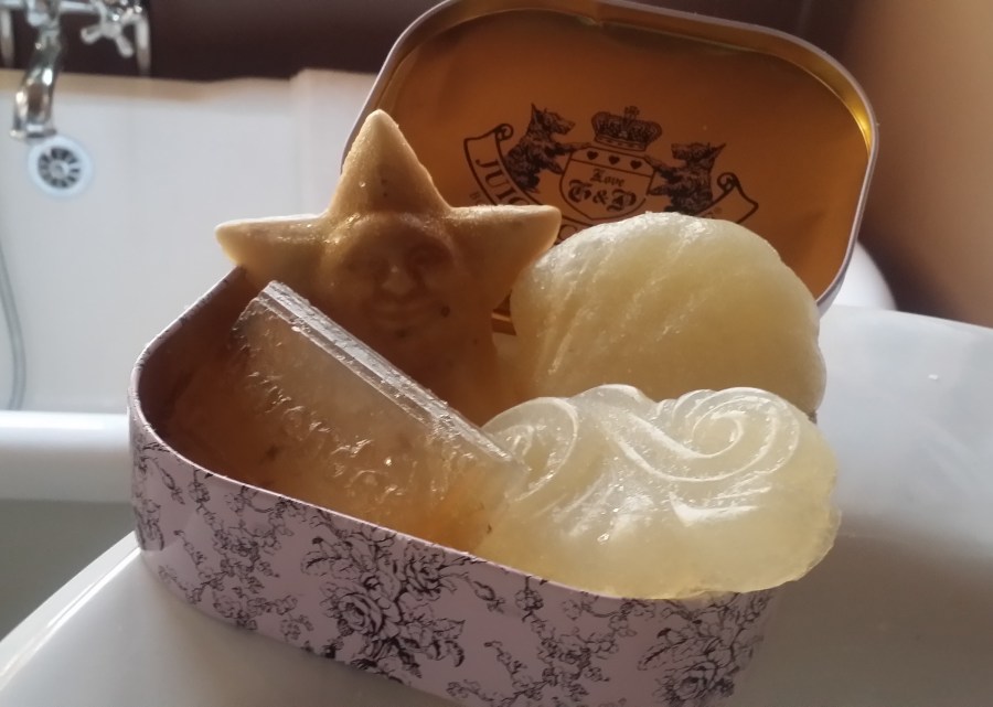 My castaways using a combination of goat's milk, oatmeal + olive oil. I collect boxes and tins to contain them.