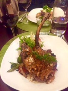 Sakura Farms Frenched Pork Loin, creamy goat cheese & apple cinnamon compound butter, demi-glace, braised leek.