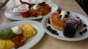 Elmer's "looking for sun" omelette, blueberry buttermilk pancakes & potato pancakes.