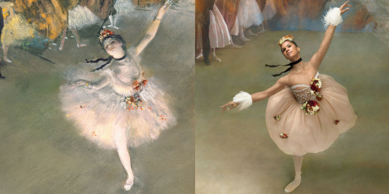 Copeland re-creates Degas's The Star; Valentino dress, $15,500, 212-355-5811; Wilhelm headpiece, $495, and corsages,$135, wilhelm-nyc.com; Mokuba ribbon, $11 per yard, 212-869-8900. 