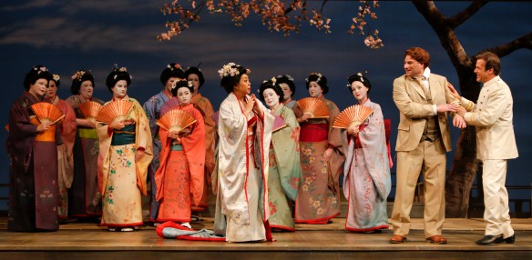 Mihoko Kinoshita as Cio-Cio-San (butterfly), Gregory Dahl as Sharpless, Richard Trotell as Pinkerton. Photo: Tim Matheson
