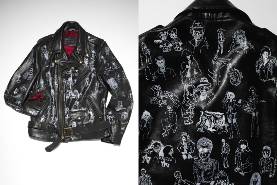 laying on the idea of the iconic black leather jacket, artist Rob Pruitt emblazoned his interpretation, 91 Notables Wearing Biker Jackets, with hand-drawn likenesses of those know for sporting the style, ranging from Marlon Brando and James Dean to Drake and Bart Simpson. 