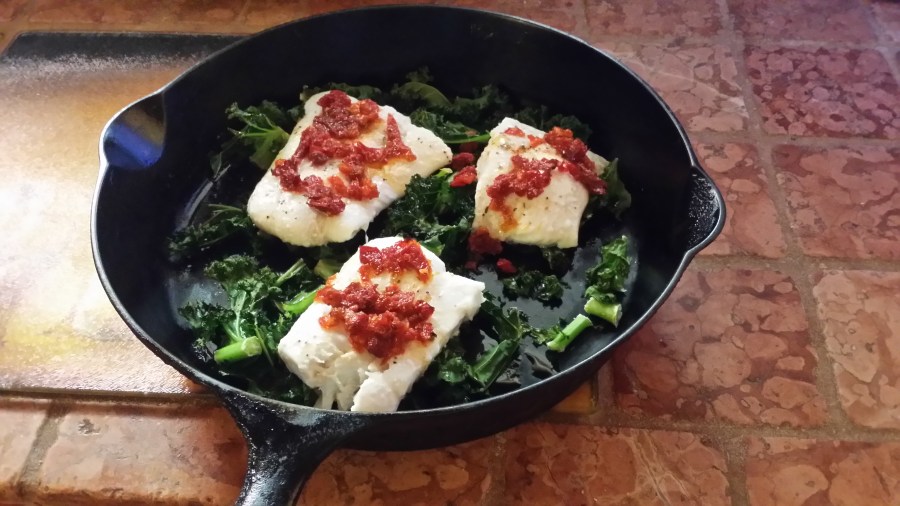 Halibut over Kale with Sundried Tomatoes