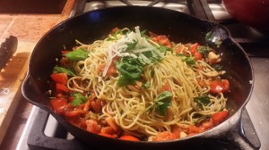 Spaghetti with fresh & sundried tomatoes, parmesan & parsley. Secret is in the spices & truffle oil.