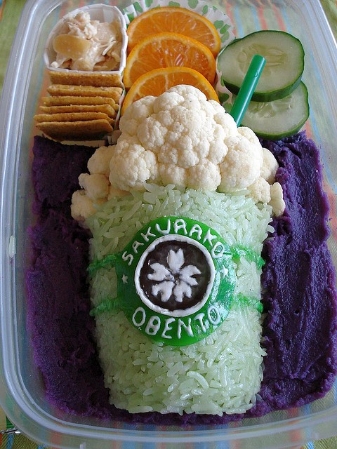 Frappucino: Chicken salad with toasted almonds, wheat crackers, tangerine wedges, cucumbers, cauliflower, rice, bits of Fruit Roll-Ups, and fondant over Okinawa sweet potato (naturally that purple!) Other food coloring used is vegetable-based colorants.