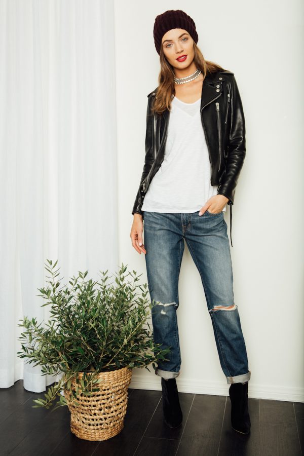 Off-Duty Cool Master weekend chic with a leather jacket, a soft white tee, boyfriend jeans and all the right accessories.